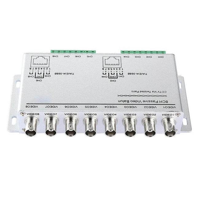 8-Channel Video Balun for Transmitting Security Camera Signals - 8 BNC ports and RJ45 outputs for CCTV over Cat-5, compact metal housing