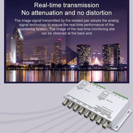 8-Channel Video Balun for Transmitting Security Camera Signals showing white 8-channel balun with BNC ports and city night surveillance background