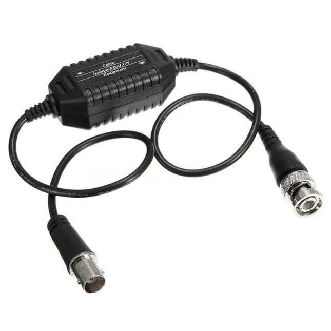Ground Loop Isolator for Preventing Video Signal Interference in CCTV Systems - black BNC cable isolator for clear surveillance footage