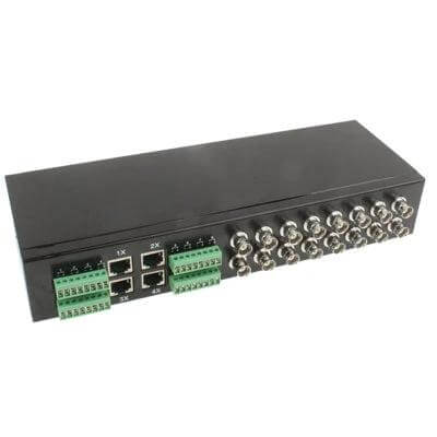 16-Channel Rack Mount Passive Video Transceiver for CCTV Systems front view showing BNC and RJ45 ports for UTP CAT5 video transmission