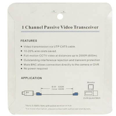 Passive Video Transceiver Set for CCTV Transmission - 1 channel passive video transceiver packaging showing features and UTP CAT5 connection diagram