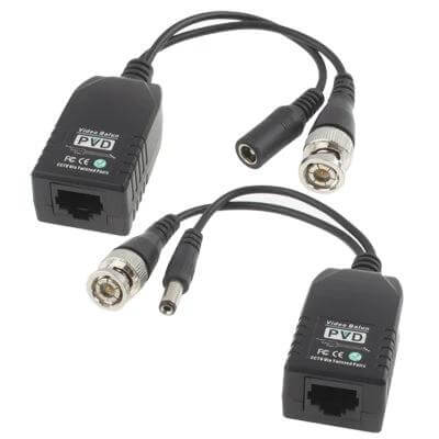 Single-Channel Passive Balun for Video and Power Transmission - black passive balun pair with BNC and DC connectors for CCTV over Cat5e/6
