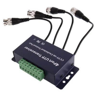 Passive UTP Balun Transceiver for Four-Channel Video Transmission - compact passive 4-channel video balun with BNC and terminal block for Cat5E surveillance cabling
