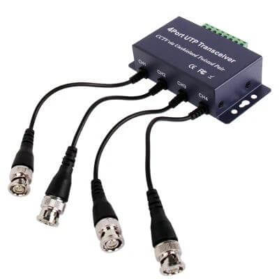 Passive UTP Balun Transceiver for Four-Channel Video Transmission - metal four-channel unit with four BNC pigtails for CCTV over Cat5E