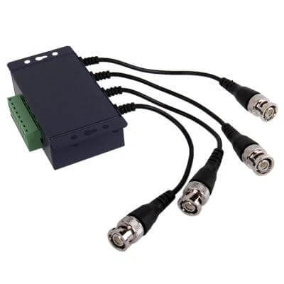 Passive UTP Balun Transceiver for Four-Channel Video Transmission compact unit with four BNC cables and terminal block for Cat5e surveillance installs