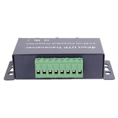 Passive UTP Balun Transceiver for Four-Channel Video Transmission compact metal transceiver for four-channel video over Cat5e with screw terminal connections