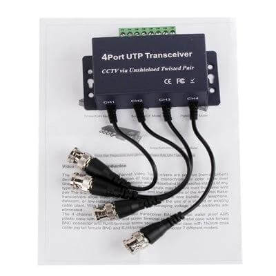 Passive UTP Balun Transceiver for Four-Channel Video Transmission — 4-port UTP balun with four BNC leads for CCTV over Cat5E