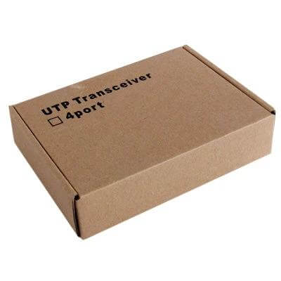 Passive UTP Balun Transceiver for Four-Channel Video Transmission in plain brown retail box showing 'UTP Transceiver 4 port' packaging