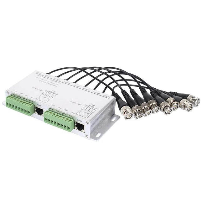 Eight-Channel Video Balun for CCTV Signal Transmission via Twisted Pair - metal housing with eight BNC leads and terminal blocks for Cat5 connection