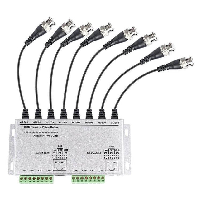 Eight-Channel Video Balun for CCTV Signal Transmission via Twisted Pair - 8CH passive balun with eight BNC pigtails for Cat-5 CCTV installations