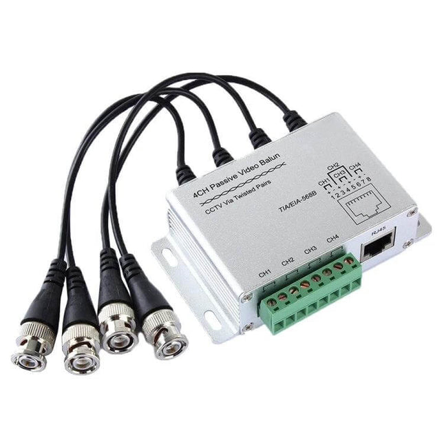 Passive 4-Channel UTP Video Balun for CCTV Systems - silver 4-channel passive balun with BNC leads and RJ45 output for Cat‑5 video transmission