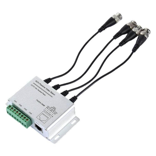 Passive 4-Channel UTP Video Balun for CCTV Systems - silver passive balun with four BNC leads and Cat-5 port for multi-camera video transmission