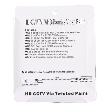 Set of 2 Passive Video Balun Adapters for Security Camera Systems - 202C-HD passive balun coax to UTP for CCTV