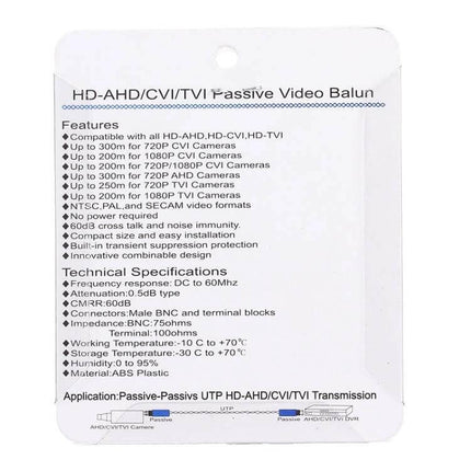 Passive Video Balun Set for HD Security Camera Signal Transmission on retail packaging showing features and specs