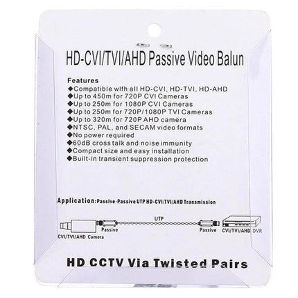 Passive Coaxial Video Balun for HD Security Camera Systems - passive HD-CVI/TVI/AHD video balun packaging with features list