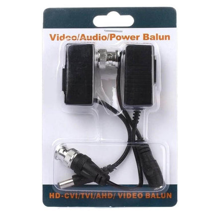 HD Video and Audio Balun Transceiver Set for Security Cameras in retail blister pack showing BNC and power connectors