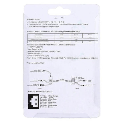 HD Video and Audio Balun Transceiver Set for Security Cameras on retail packaging showing specs and wiring diagram