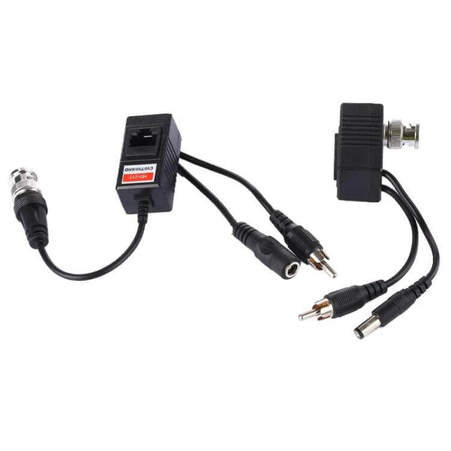 Signal Balun for Transmitting HD Video and Audio in Security Systems - pair of UTP video/audio baluns with BNC, RCA and power connectors for HD-CVI/TVI/AHD
