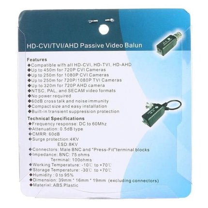 Passive HD Video Balun Set for Security Camera Systems - balun pair on retail card for Cat5e/Coax video extension