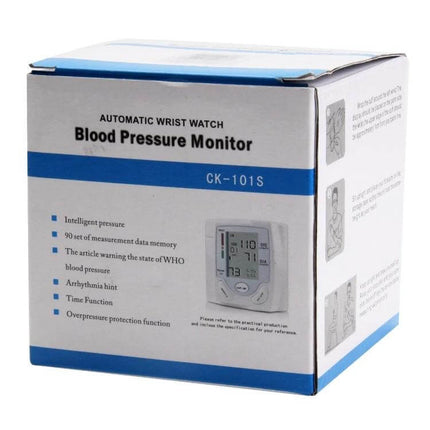 Automatic Wrist Blood Pressure Monitor For Home Use showing boxed CK-101S device with LCD display and product features