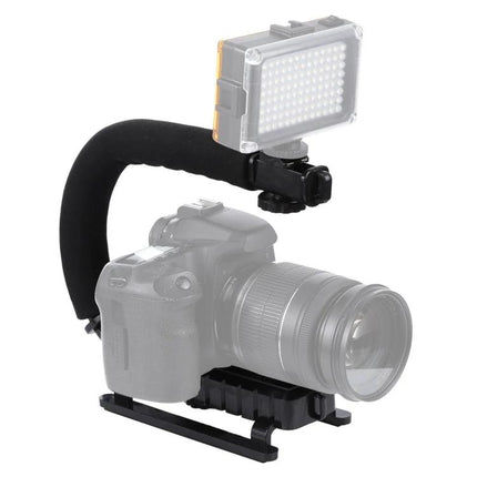 C-Shape Handle Mount for Stable DSLR and Camcorder Shooting on camera with LED light for steady handheld video