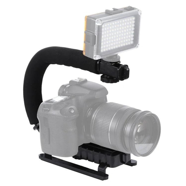 C-Shape Handle Mount for Stable DSLR and Camcorder Shooting on camera with LED light for steady handheld video