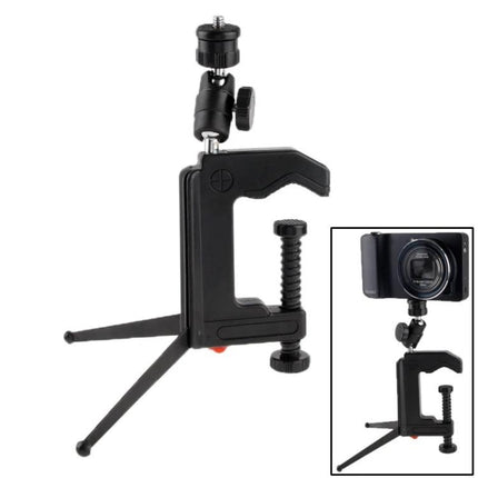 Portable Folding Clamp Tripod for Mini Digital Cameras — compact ABS steel clamp tripod with 1/4-inch socket, rubber padding, supports 0.6 kg