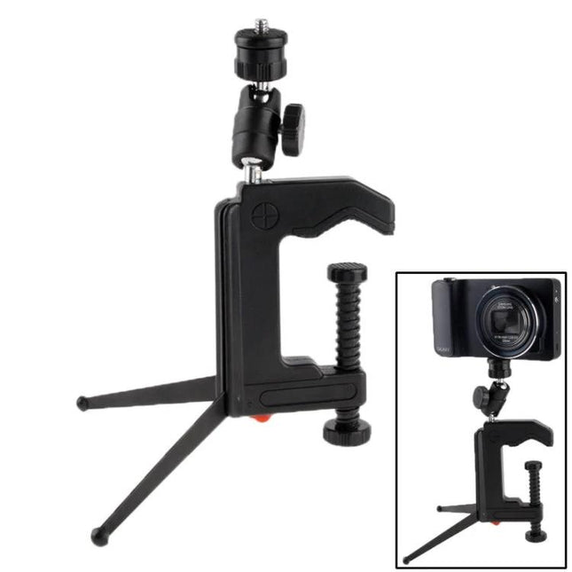 Portable Folding Clamp Tripod for Mini Digital Cameras — compact ABS steel clamp tripod with 1/4-inch socket, rubber padding, supports 0.6 kg