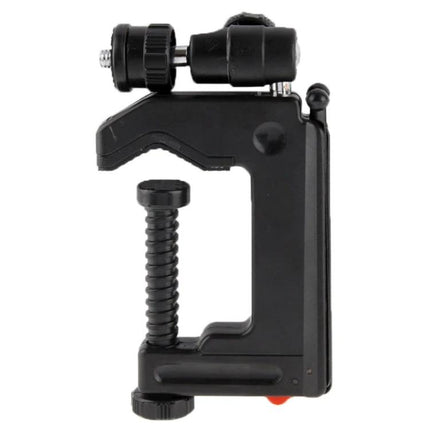 Portable Folding Clamp Tripod for Mini Digital Cameras clamped mount on table edge, black ABS and steel compact clamp with 1/4-inch socket, supports up to 0.6 kg