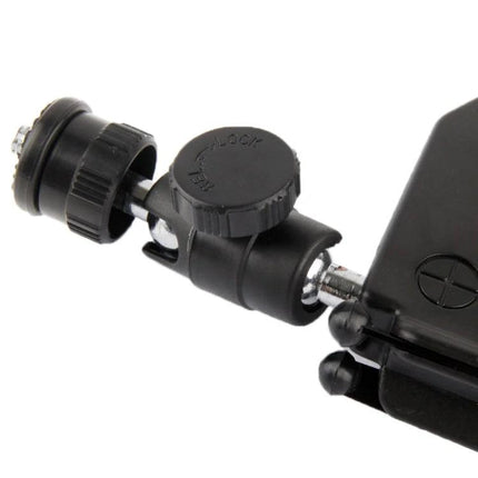 Portable Folding Clamp Tripod for Mini Digital Cameras showing close-up of adjustable ball joint, 1/4-inch socket and clamp mechanism