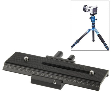 Precision Macro Focus Rail Slider for Tripod Photography - black aluminum macro focusing rail with locking knob and ruler for precise camera positioning