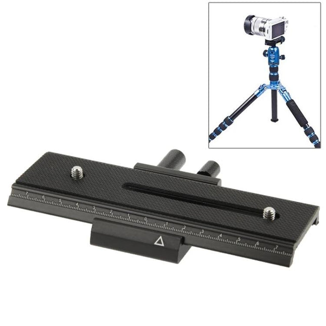 Precision Macro Focus Rail Slider for Tripod Photography - black aluminum macro focusing rail with locking knob and ruler for precise camera positioning
