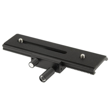 Precision Macro Focus Rail Slider for Tripod Photography, black aluminum macro focus rail with dual adjustment knobs and locking screws
