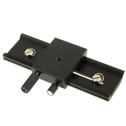 Precision Macro Focus Rail Slider for Tripod Photography showing black metal rail with dual adjustment knobs and locking screws