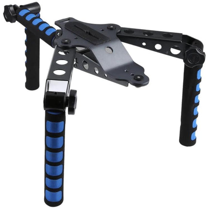 Versatile Shoulder Rig for Everyday DSLR Photography black metal shoulder rig with blue foam grips and adjustable joints for stable handheld shooting