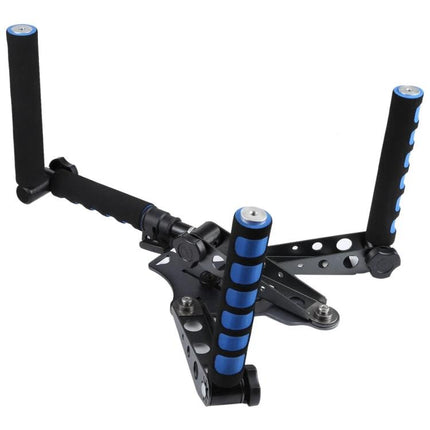 Versatile Shoulder Rig for Everyday DSLR Photography metal adjustable shoulder rig with blue grip handles for stable vlogging and event shoots