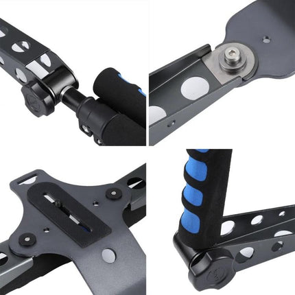 Versatile Shoulder Rig for Everyday DSLR Photography showing metal adjustable joints, foam grip and quick-release plate for stable handheld shooting