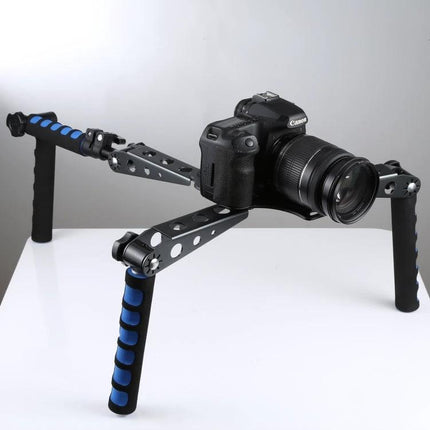 Versatile Shoulder Rig for Everyday DSLR Photography - DSLR mounted on adjustable metal shoulder rig with foam-grip handles for stable, fatigue-free shooting