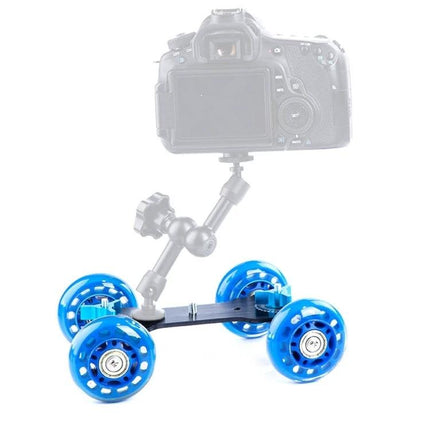 Camera Slider Dolly for Steady Video Recording on Tables with blue wheeled table dolly and DSLR mount for smooth tabletop tracking shots