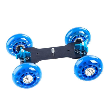 Camera Slider Dolly for Steady Video Recording on Tables — compact blue-wheeled tabletop dolly for smooth horizontal and slight-angled camera moves
