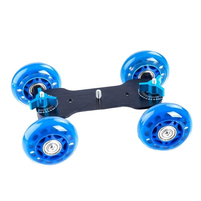 Camera Slider Dolly for Steady Video Recording on Tables — compact blue-wheeled tabletop dolly for smooth horizontal and slight-angled camera moves