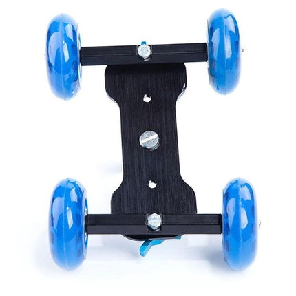 Camera Slider Dolly for Steady Video Recording on Tables - compact tabletop dolly with blue wheels for smooth horizontal camera moves