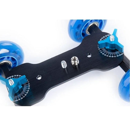 Camera Slider Dolly for Steady Video Recording on Tables — compact table dolly with blue wheels and adjustable angle mounts for smooth camera slides