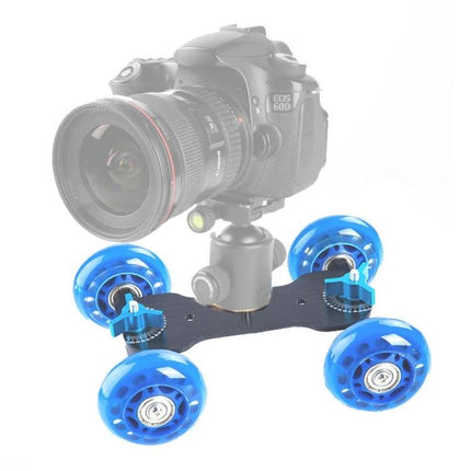 Camera Slider Dolly for Steady Video Recording on Tables with blue wheeled tabletop dolly and DSLR mounted for smooth horizontal shots