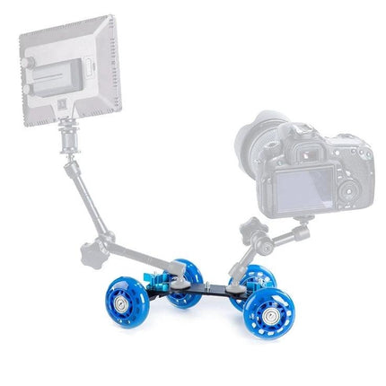Camera Slider Dolly for Steady Video Recording on Tables showing blue tabletop dolly with camera and light mount for smooth footage