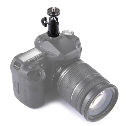 Adapter for Mounting Camera Accessories via Hot Shoe and 1/4 Inch Screw mounted on DSLR holding LED light or microphone for adjustable angles