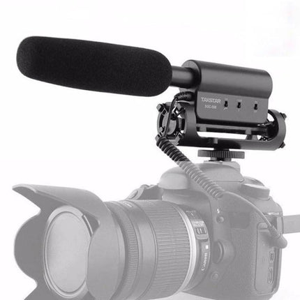Microphone for Daily Video Recording and Interview Audio Capture mounted on DSLR camera with foam windscreen and shock mount, 10dB boost and 200Hz low-cut