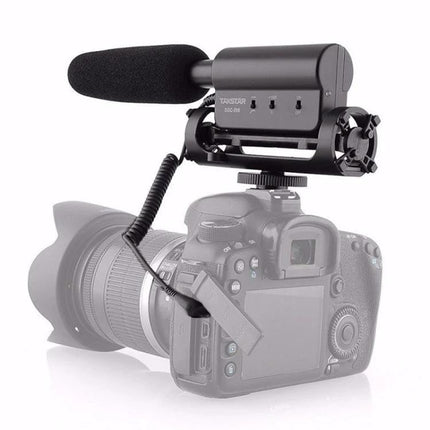 Microphone for Daily Video Recording and Interview Audio Capture mounted on DSLR, foam windscreen, 10dB boost and 200Hz low-cut for clearer interviews