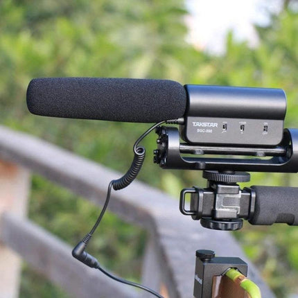 Microphone for Daily Video Recording and Interview Audio Capture on camera mount with foam windscreen, 10dB boost and 200Hz low‑cut for clearer vlogs and interviews