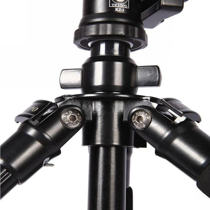Triopo Adjustable Portable Aluminum Tripod for Cameras close-up of black center column, leg joints and locking knobs for stable support